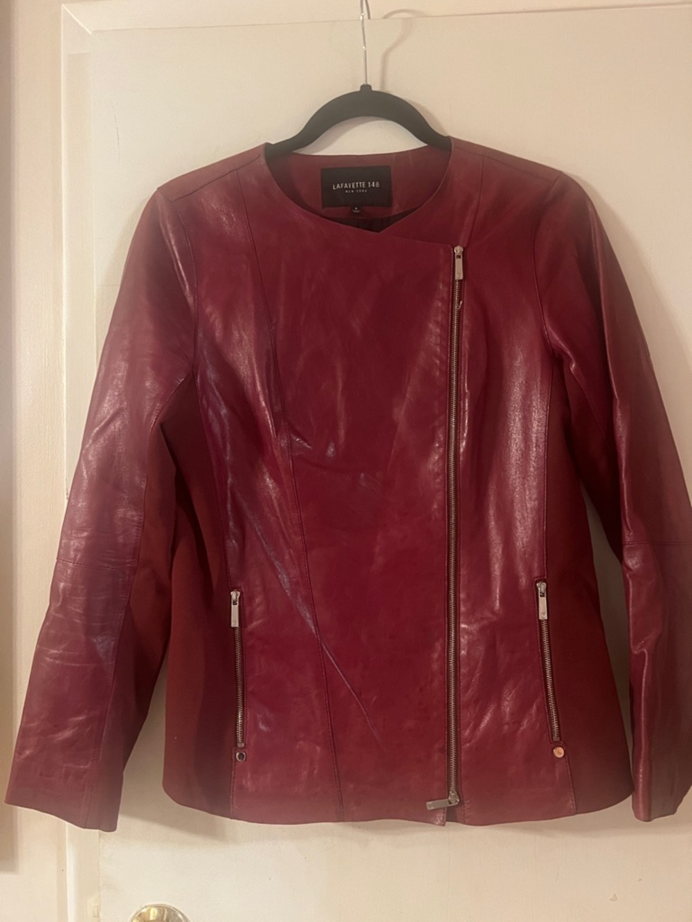 Lafayette 148 New York Wine Red Leather Moto Jacket